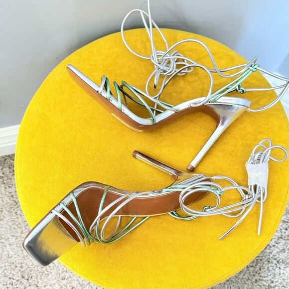 ASOS Nina Silver Mint Strappy Tie Leg Square Toe Sandal Heels Sz 8 - Picture 7 of 13